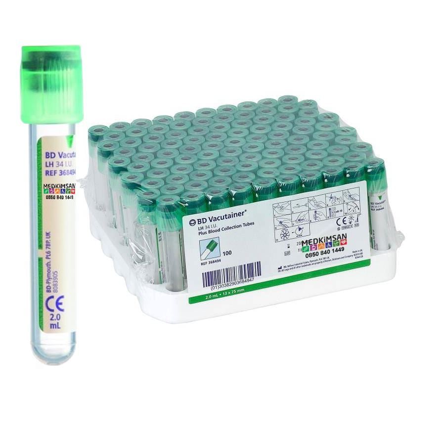 100 Adet Yeşil Kapak Lityum Heparinli Tüp | 2.0 ml 13x75 mm | BD 368494 Lithium Heparin 34 I.U.