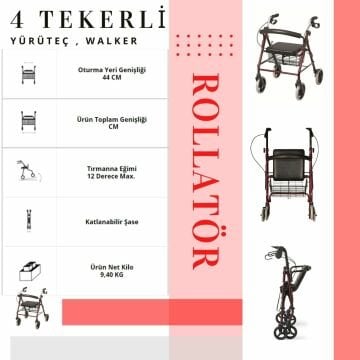 Rolatör | 4 Tekerli Yürüteç | 130 kg Taşıma Kapasiteli | Sepetli Lüx