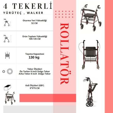 Rolatör | Tekerli Oturaklı Rolatör Yürüteç | Sepetli