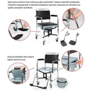 Klozetli Tekerlekli Sandalye | Tuvaletli Banyo Tekerlekli Sandalyesi | Hasta Yıkama Sandalyesi
