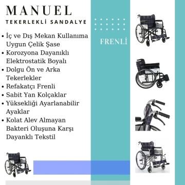 Frenli Tekerlekli Sandalye | Yetişkin Hasta Taşıma Tekerlekli Sandalye | Çift Frenli