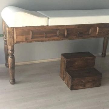 Ahşap Muayene Masası | ÇEKMECELİ + BASAMAKLI | Torna Ayaklı