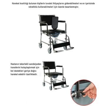 Kapaklı Ev Tipi Tekerlekli Sandalye | Banyo Tuvalet Duş Wc Koridor Hasta Yaşlı Engelli Sandalyesi